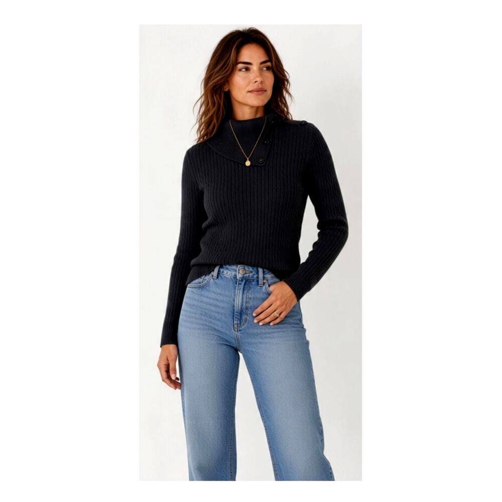 Croft & Barrow Black Ribbed Asymmetric Button-Neck Sweater size Medium